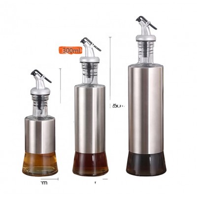 Stainless Steel Sleeved 200ml 300ml 500ml Glass Cooking Oil Bottle Dispenser With Leak Lid