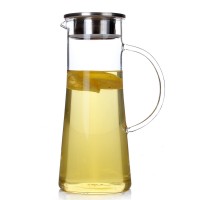 China borosilicate glass jug with metal infuser lid, juice and iced tea beverage carafe